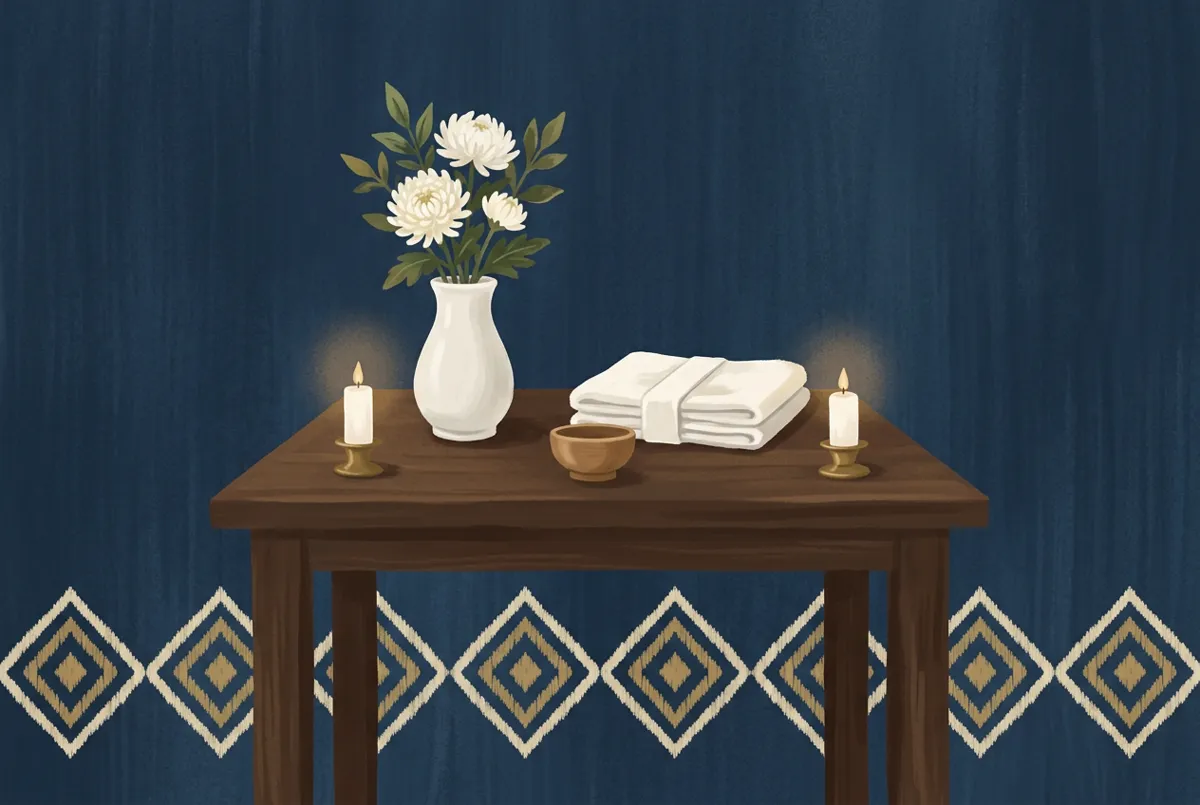 White and gold floral arrangement beside a softly lit altar, in a calm and respectful style
